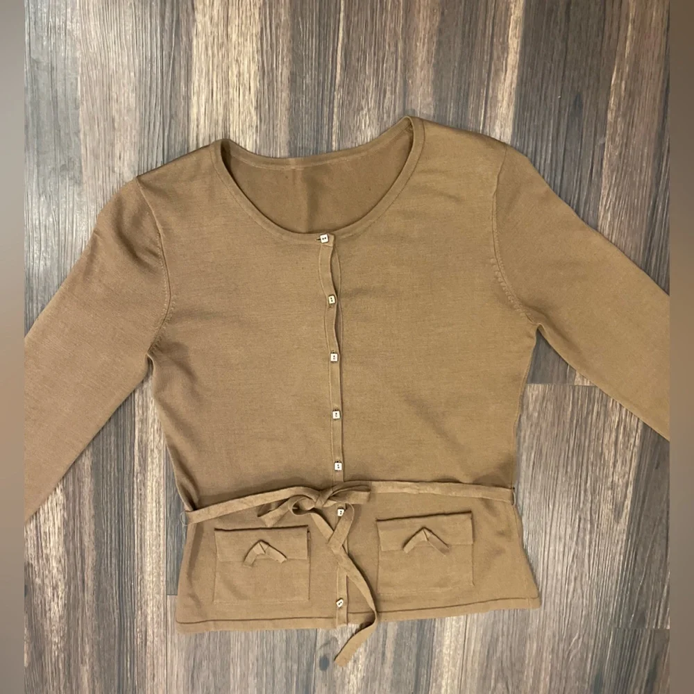 Silk Brown Button-Up Women's cardigan with tie waist - Picture 12 of 16